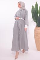 Hijab clothing BLACK BELTED STRIPED DRESS T 6174