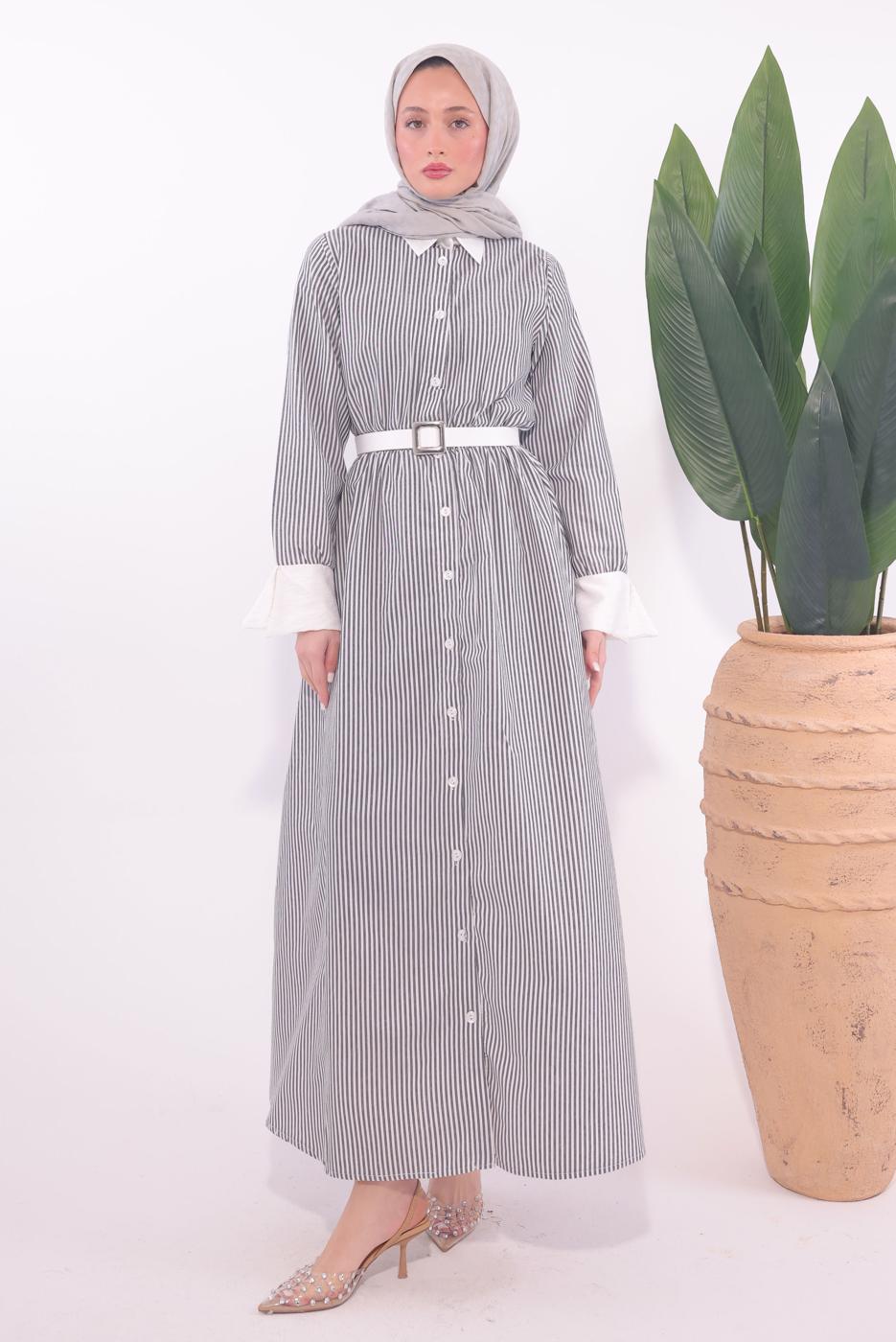 Hijab clothing BLACK BELTED STRIPED DRESS T 6174