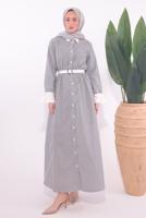 Hijab clothing BLACK BELTED STRIPED DRESS T 6174