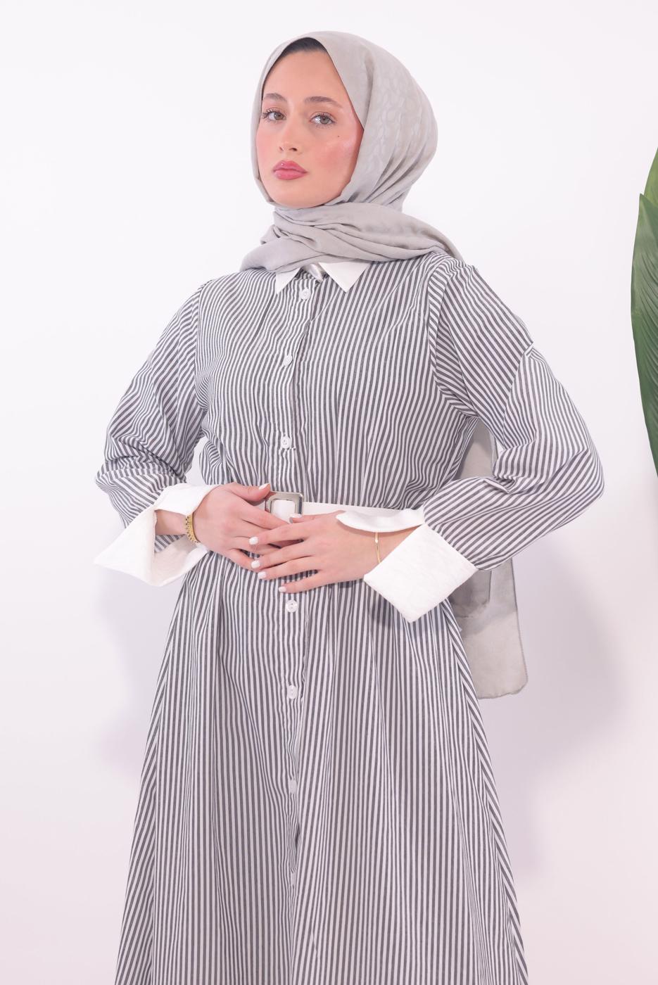 Hijab clothing BLACK BELTED STRIPED DRESS T 6174