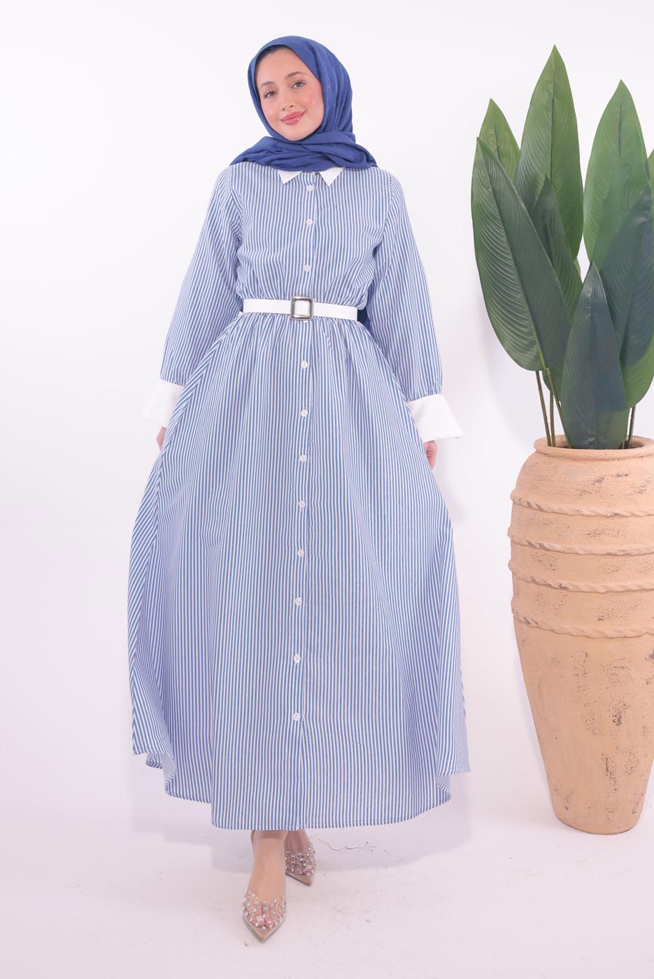 Tesettür giyim MAVİ KEMERLİ ÇİZGİLİ ELBİSE T 6174