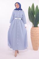Tesettür giyim MAVİ KEMERLİ ÇİZGİLİ ELBİSE T 6174