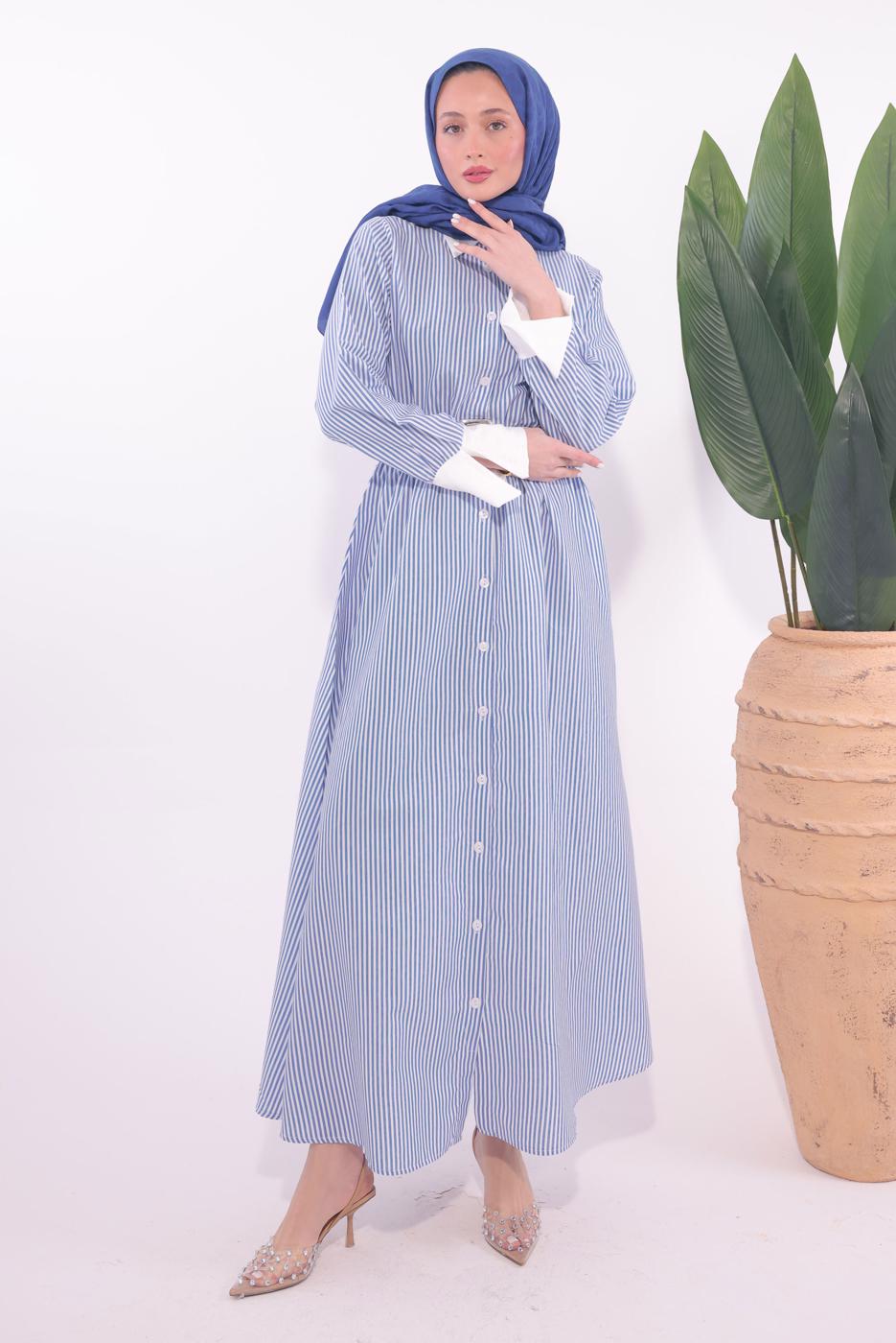 Tesettür giyim MAVİ KEMERLİ ÇİZGİLİ ELBİSE T 6174