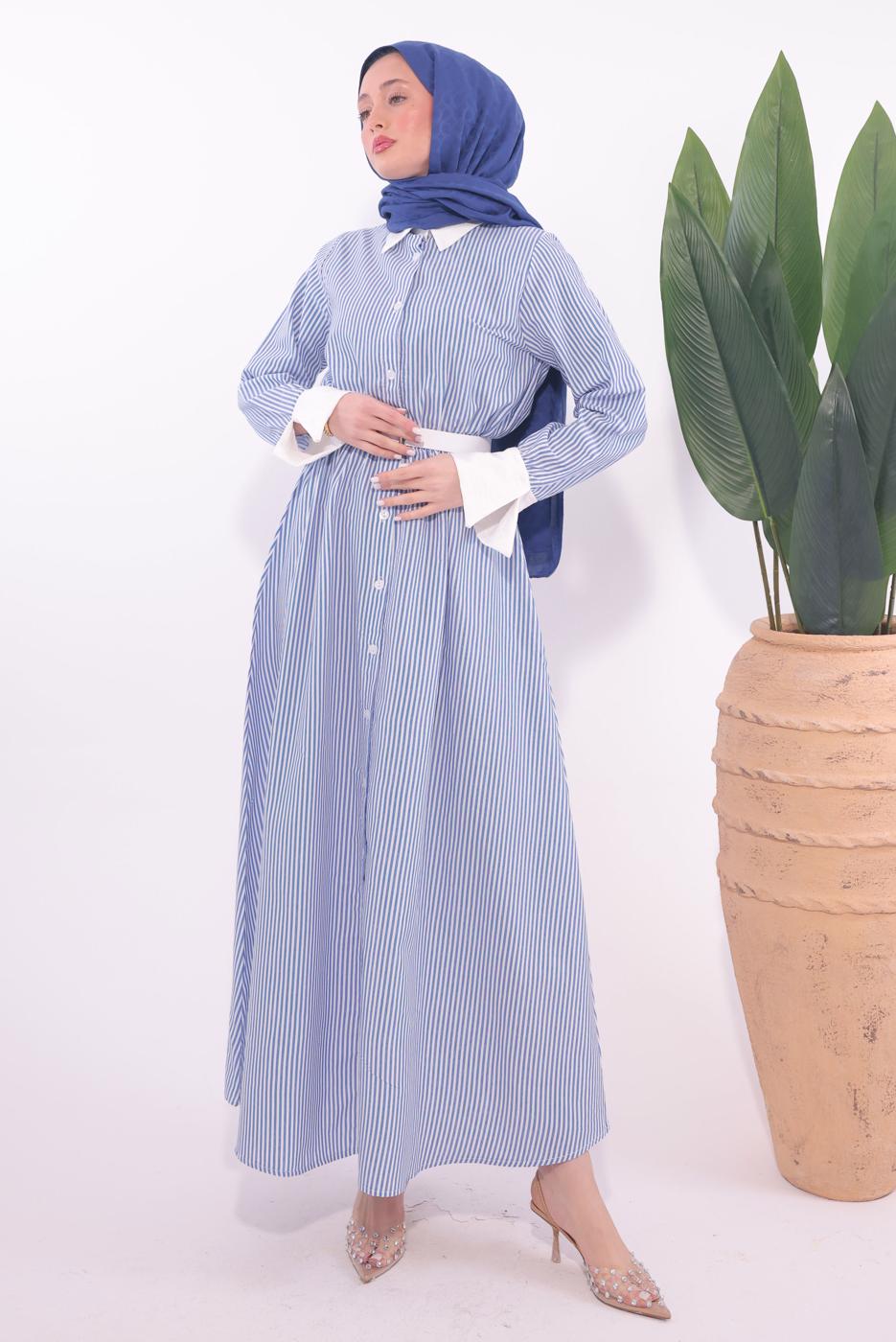 Tesettür giyim MAVİ KEMERLİ ÇİZGİLİ ELBİSE T 6174