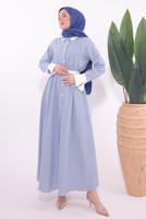 Tesettür giyim MAVİ KEMERLİ ÇİZGİLİ ELBİSE T 6174
