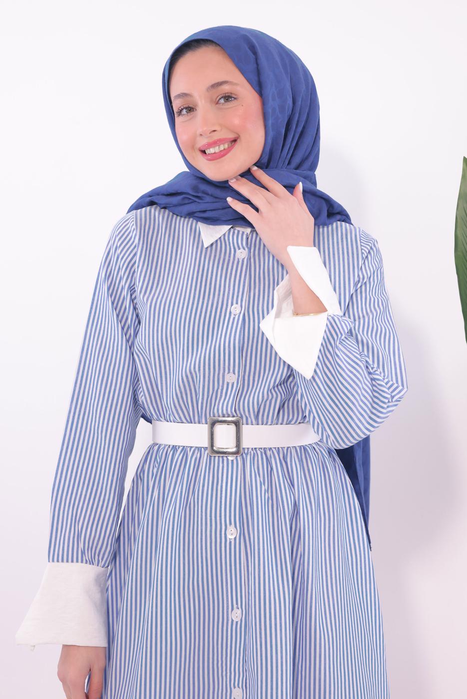 Tesettür giyim MAVİ KEMERLİ ÇİZGİLİ ELBİSE T 6174