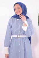 Tesettür giyim MAVİ KEMERLİ ÇİZGİLİ ELBİSE T 6174
