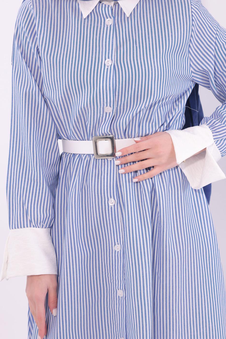 Tesettür giyim MAVİ KEMERLİ ÇİZGİLİ ELBİSE T 6174