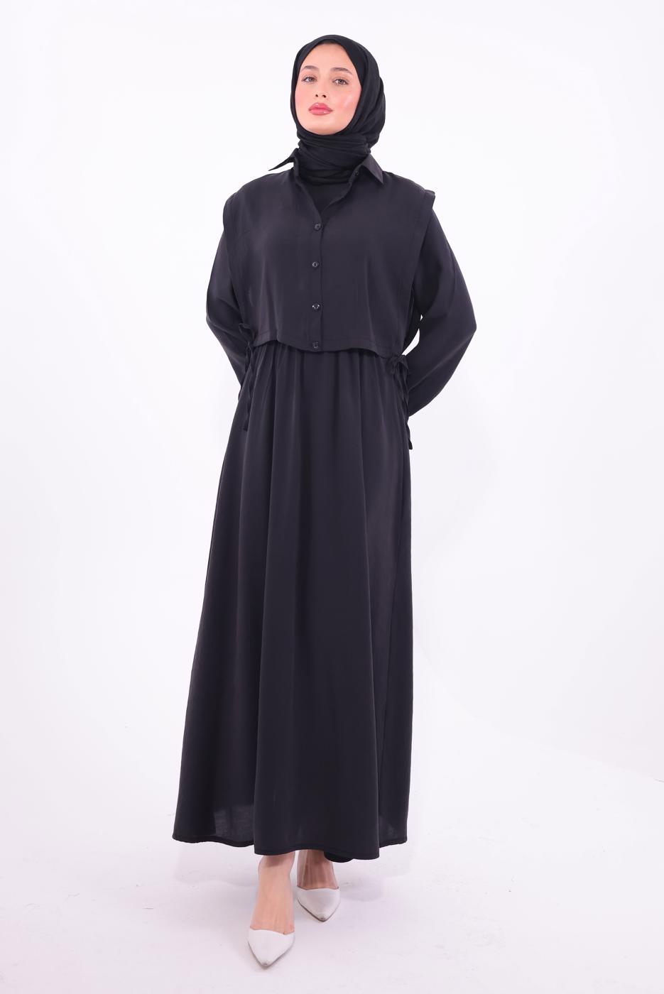 Tesettür giyim SİYAH YELEKLİ ELBİSELİ TAKIM T 6384