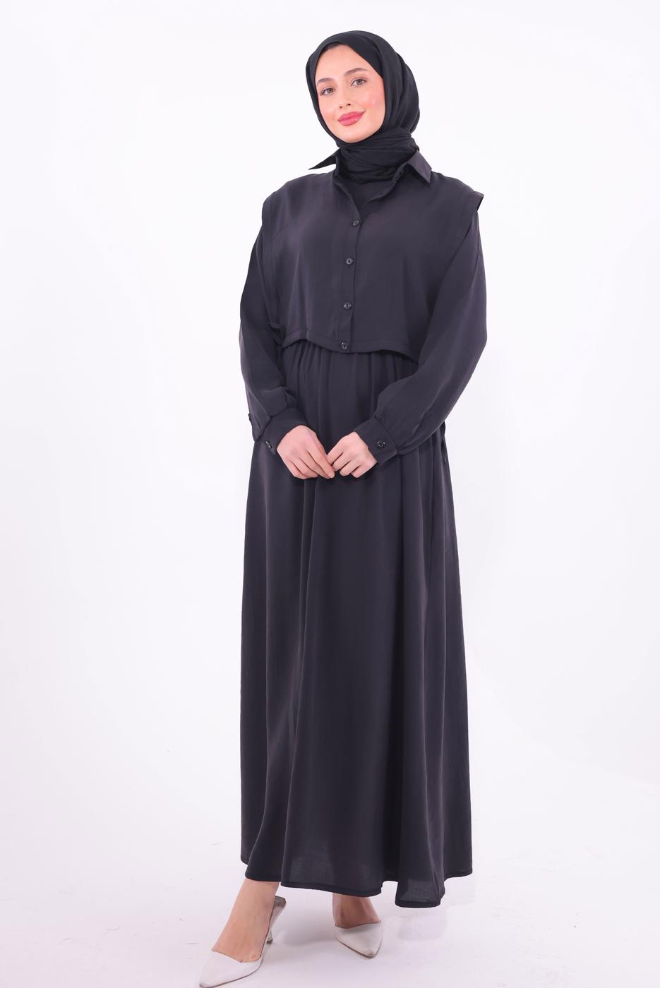 Tesettür giyim SİYAH YELEKLİ ELBİSELİ TAKIM T 6384