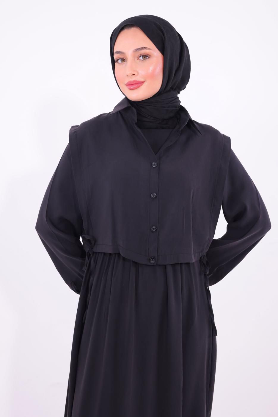 Tesettür giyim SİYAH YELEKLİ ELBİSELİ TAKIM T 6384