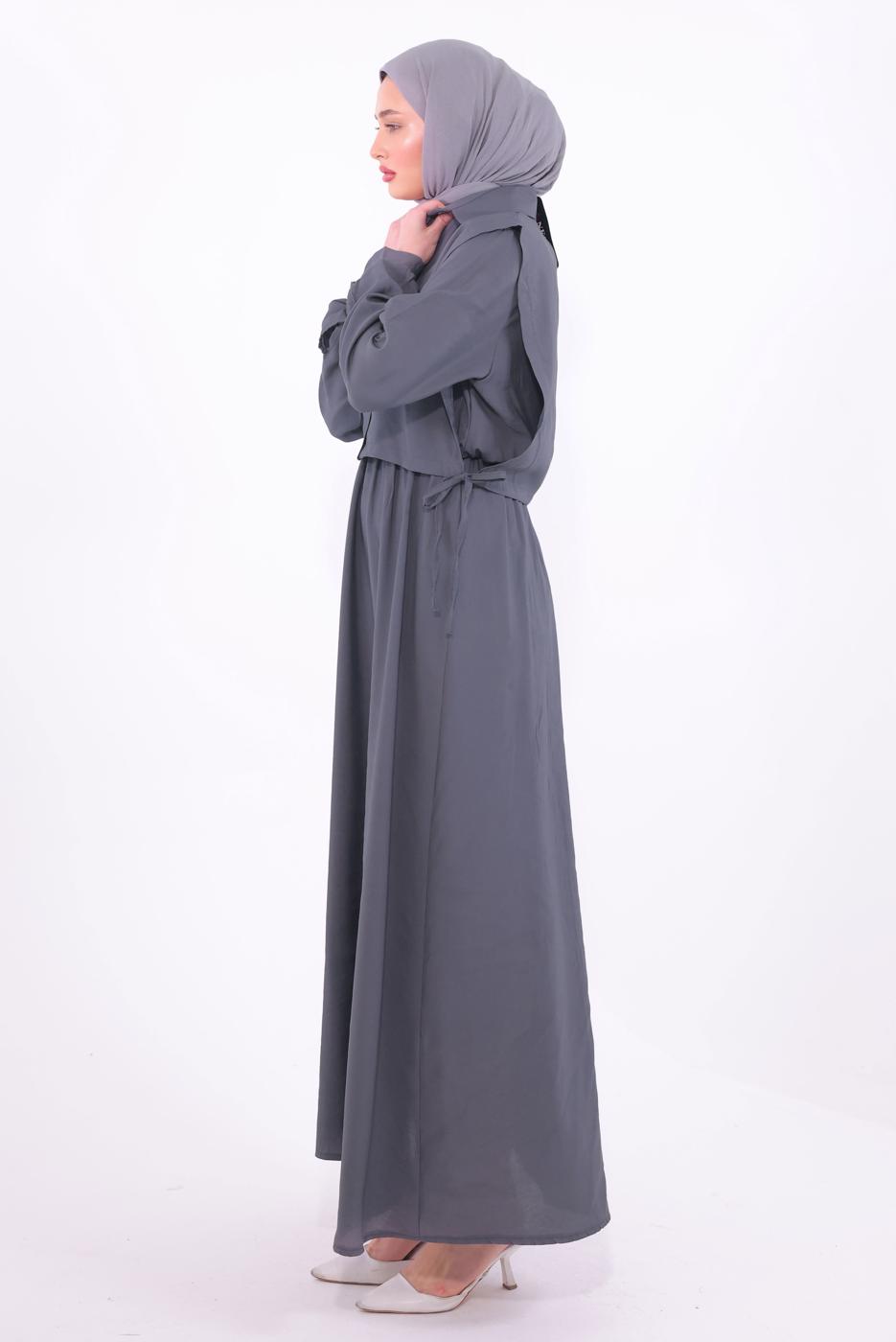 Tesettür giyim GRİ YELEKLİ ELBİSELİ TAKIM T 6384