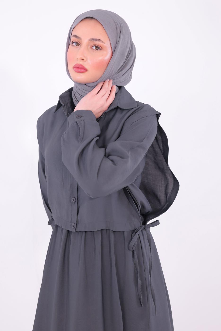Tesettür giyim GRİ YELEKLİ ELBİSELİ TAKIM T 6384