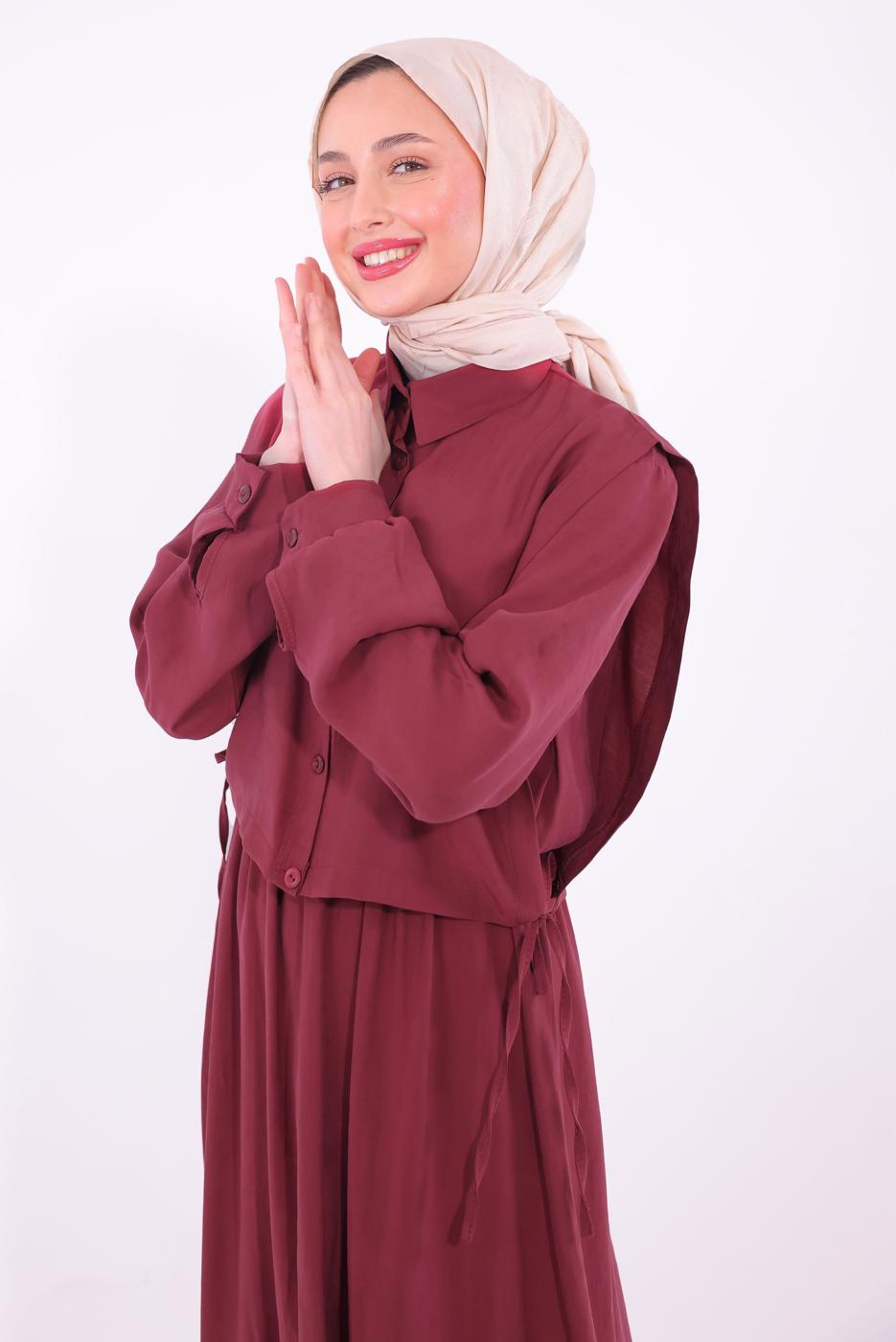 Tesettür giyim BORDO YELEKLİ ELBİSELİ TAKIM T 6384
