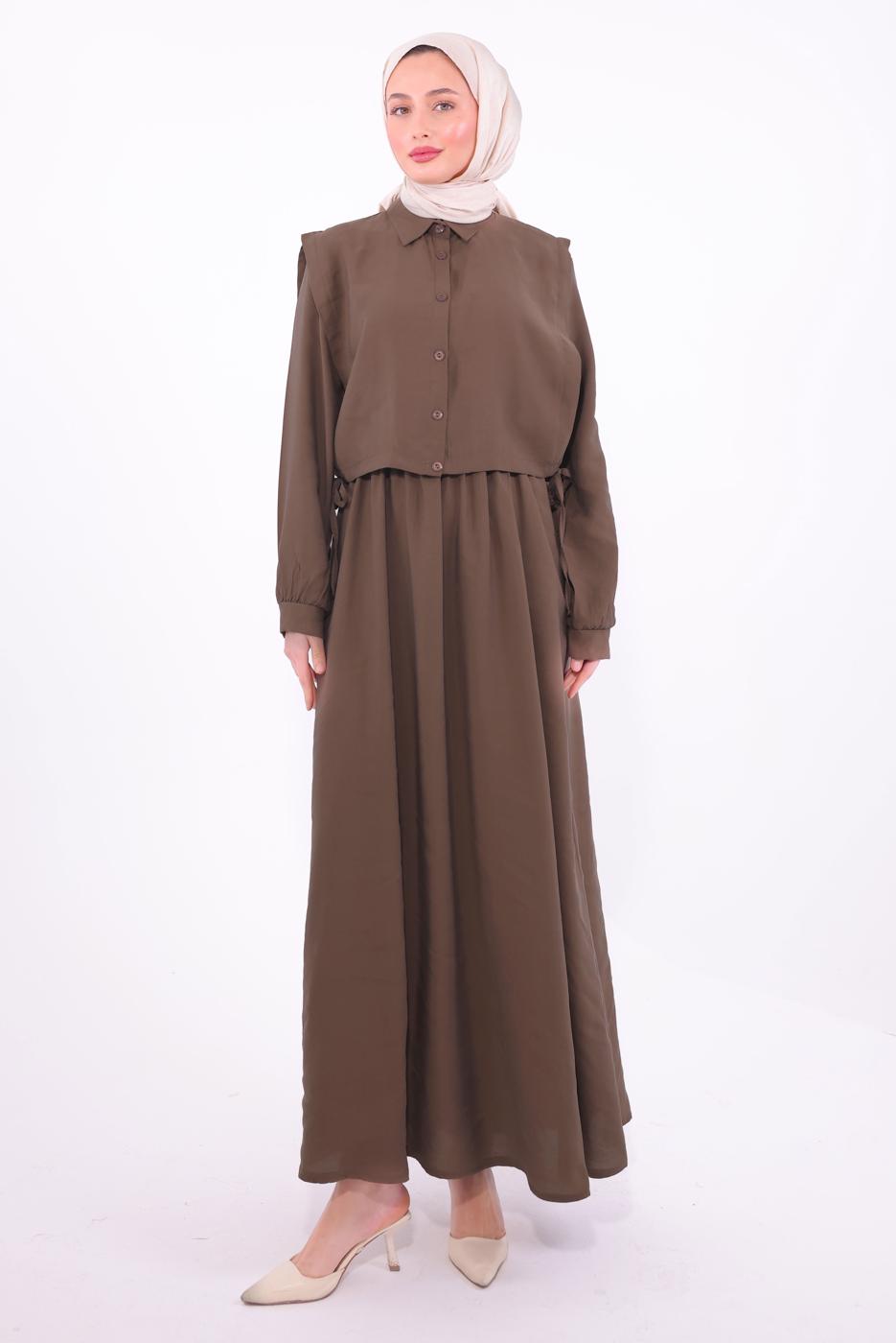Tesettür giyim KAHVE YELEKLİ ELBİSELİ TAKIM T 6384