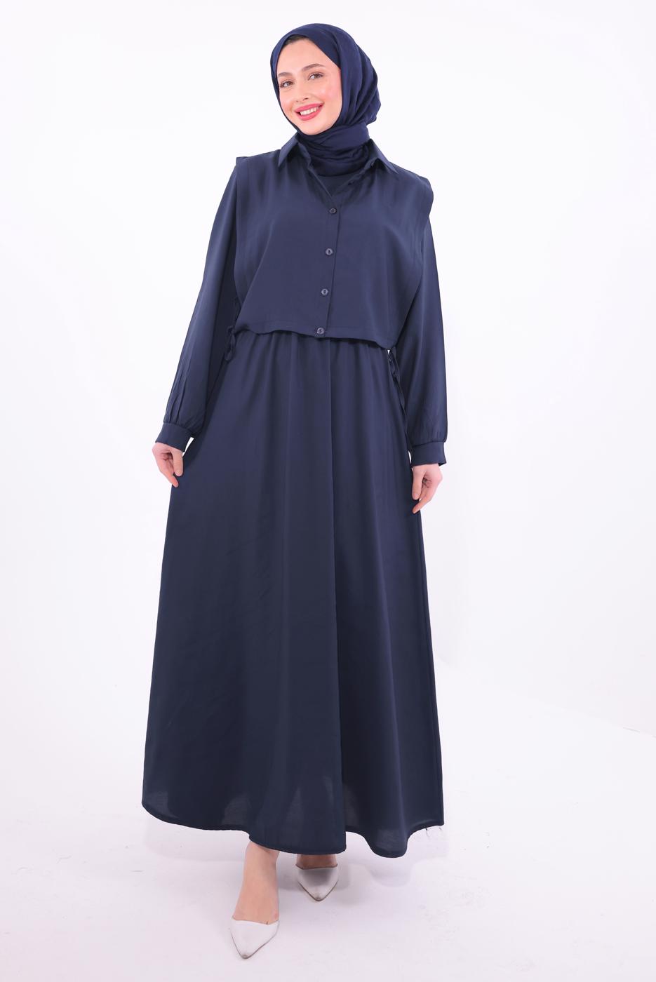 Tesettür giyim LACİVERT YELEKLİ ELBİSELİ TAKIM T 6384