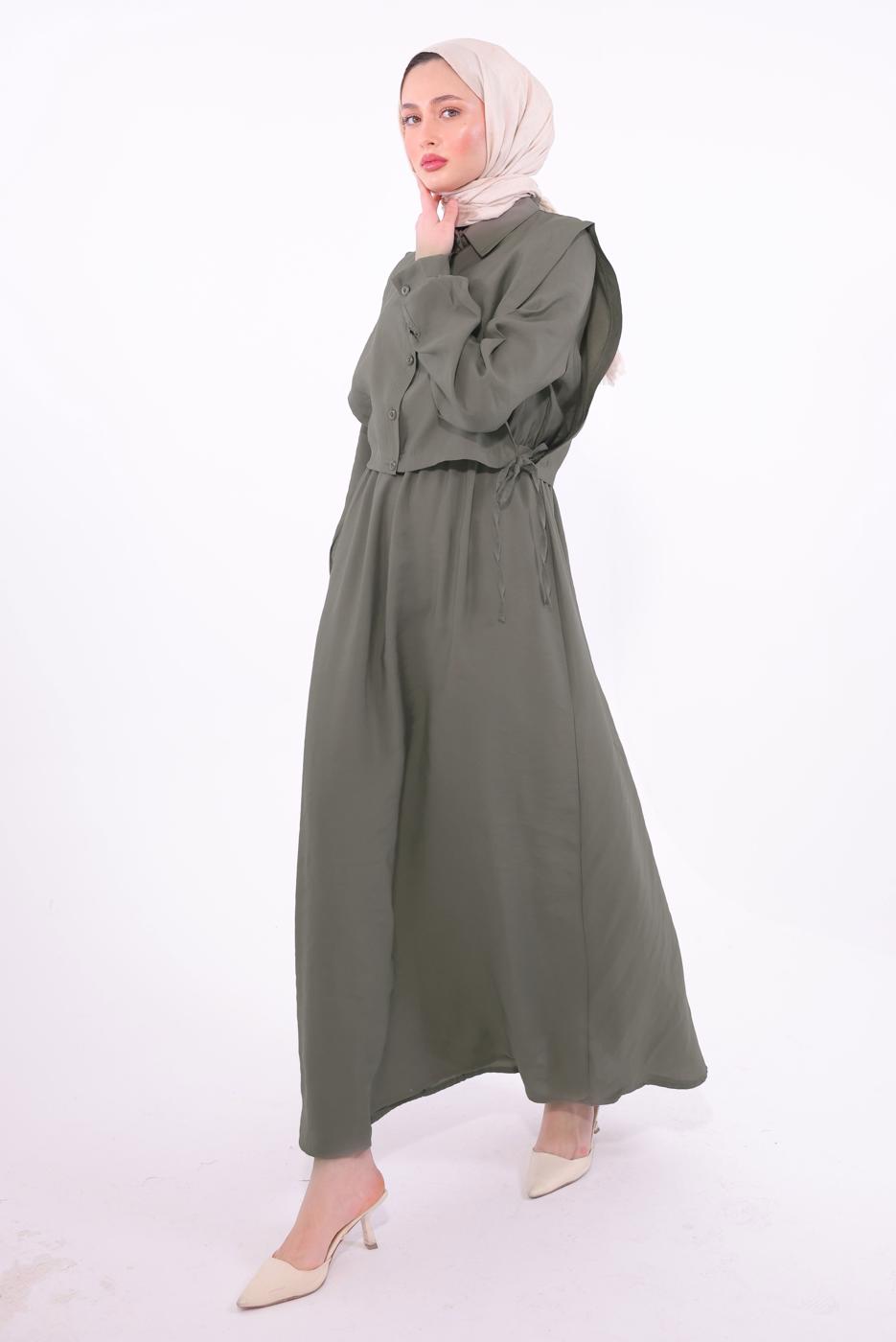 Tesettür giyim VİZON YELEKLİ ELBİSELİ TAKIM T 6384