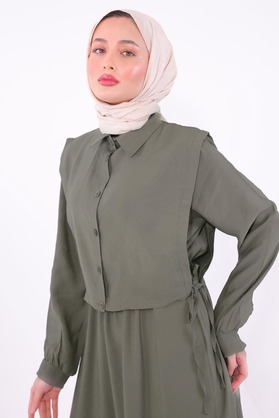 Tesettür giyim VİZON YELEKLİ ELBİSELİ TAKIM T 6384