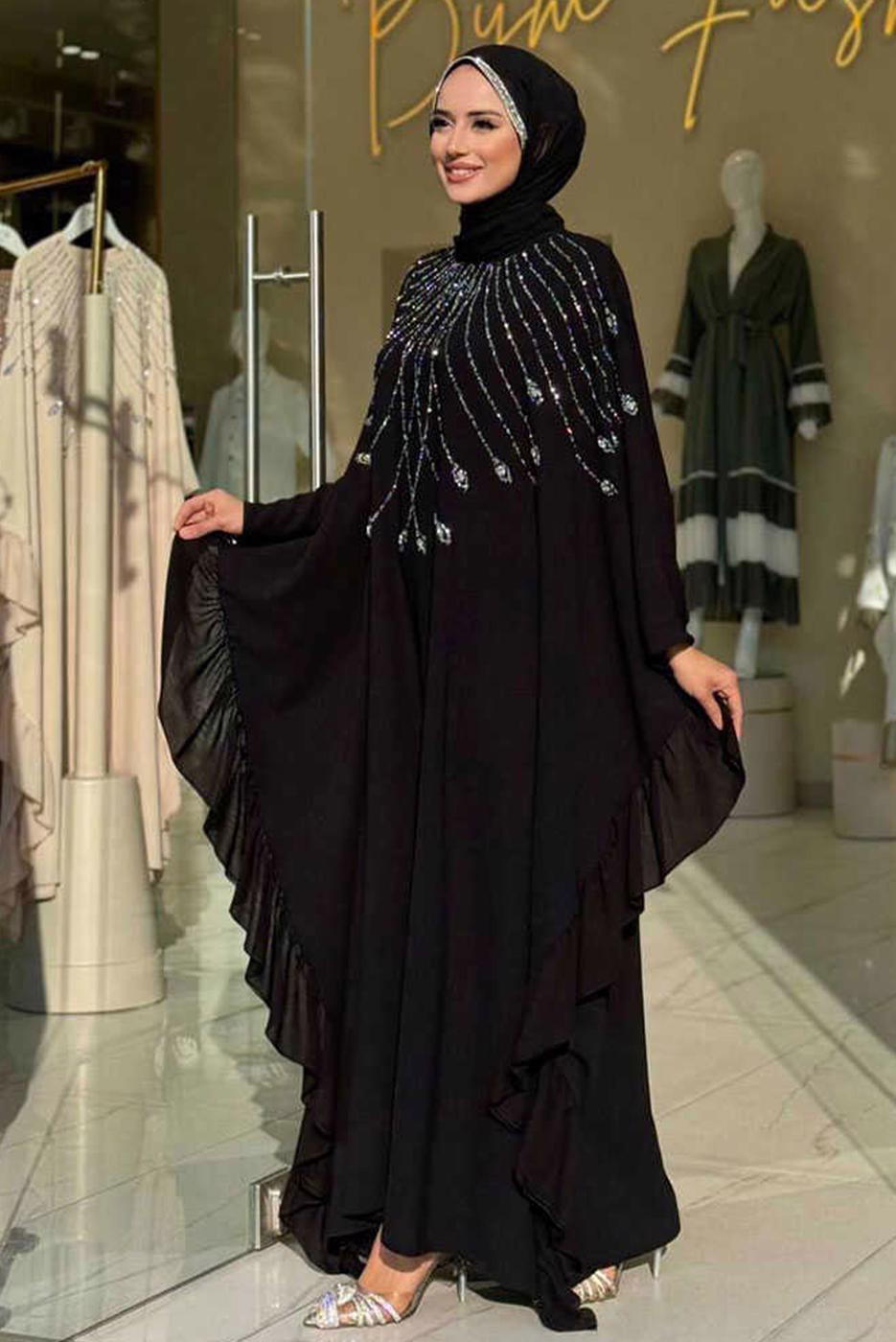 Tesettür giyim SİYAH FIRFIRLI ŞİFON ABİYE ELBİSE T 6393