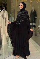 Tesettür giyim SİYAH FIRFIRLI ŞİFON ABİYE ELBİSE T 6393