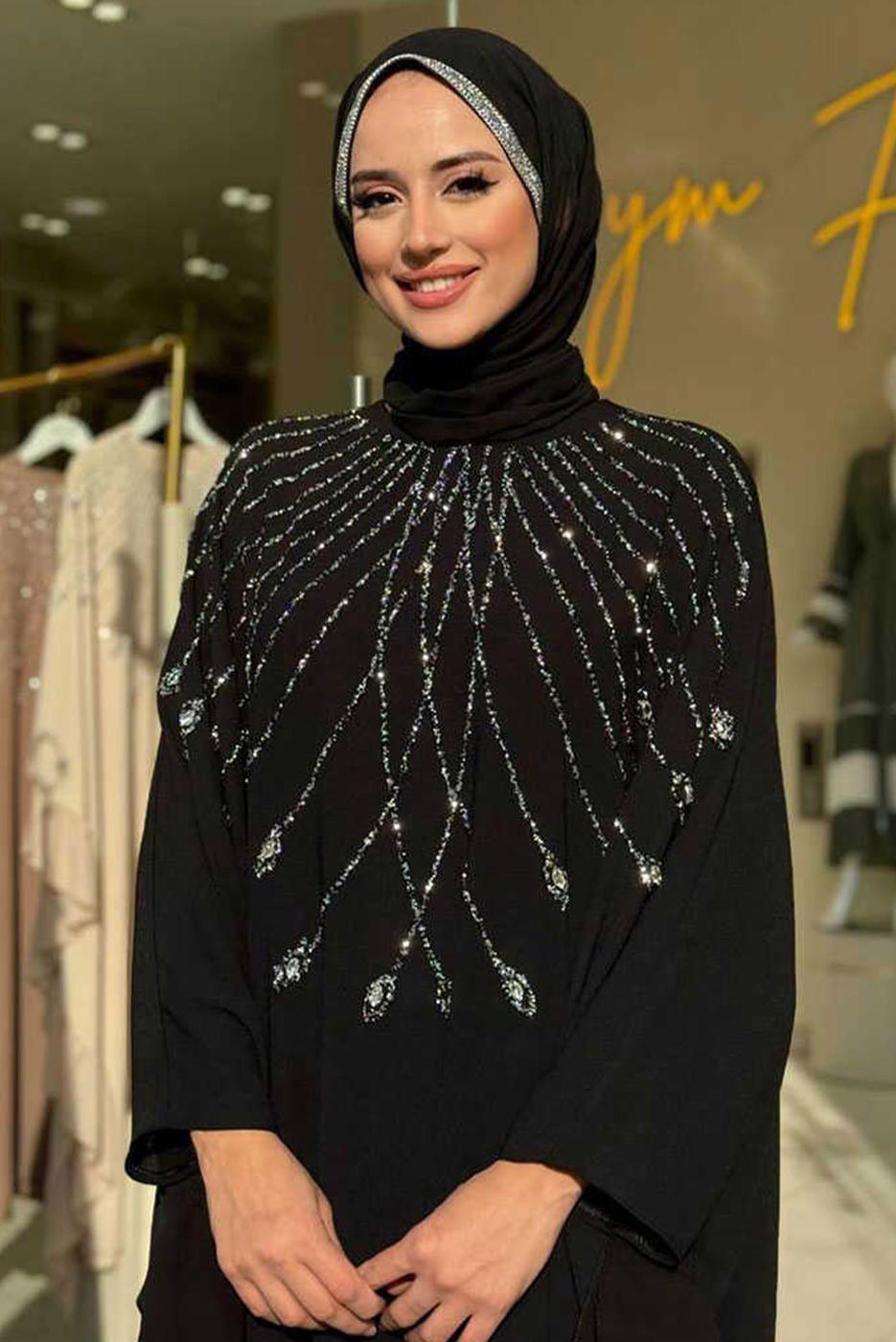 Tesettür giyim SİYAH FIRFIRLI ŞİFON ABİYE ELBİSE T 6393