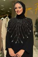 Tesettür giyim SİYAH FIRFIRLI ŞİFON ABİYE ELBİSE T 6393