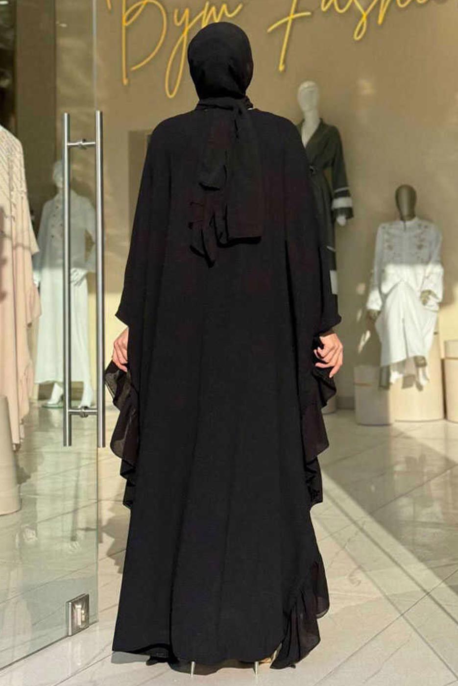 Tesettür giyim SİYAH FIRFIRLI ŞİFON ABİYE ELBİSE T 6393