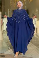 Tesettür giyim LACİVERT FIRFIRLI ŞİFON ABİYE ELBİSE T 6393