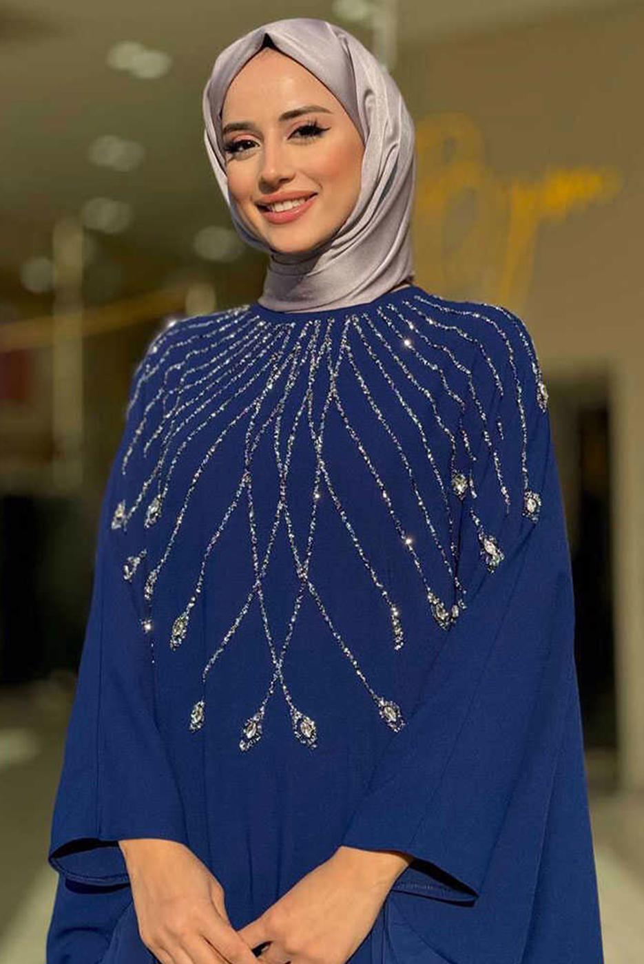 Tesettür giyim LACİVERT FIRFIRLI ŞİFON ABİYE ELBİSE T 6393