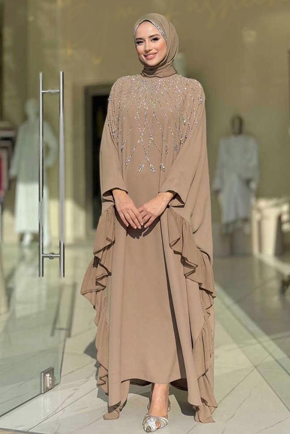 Hijab clothing MINK GEM DETAILED CHIFFON EVENING DRESS T 6393