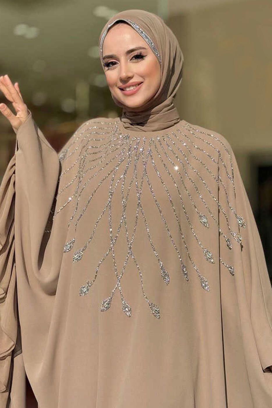 Hijab clothing MINK GEM DETAILED CHIFFON EVENING DRESS T 6393