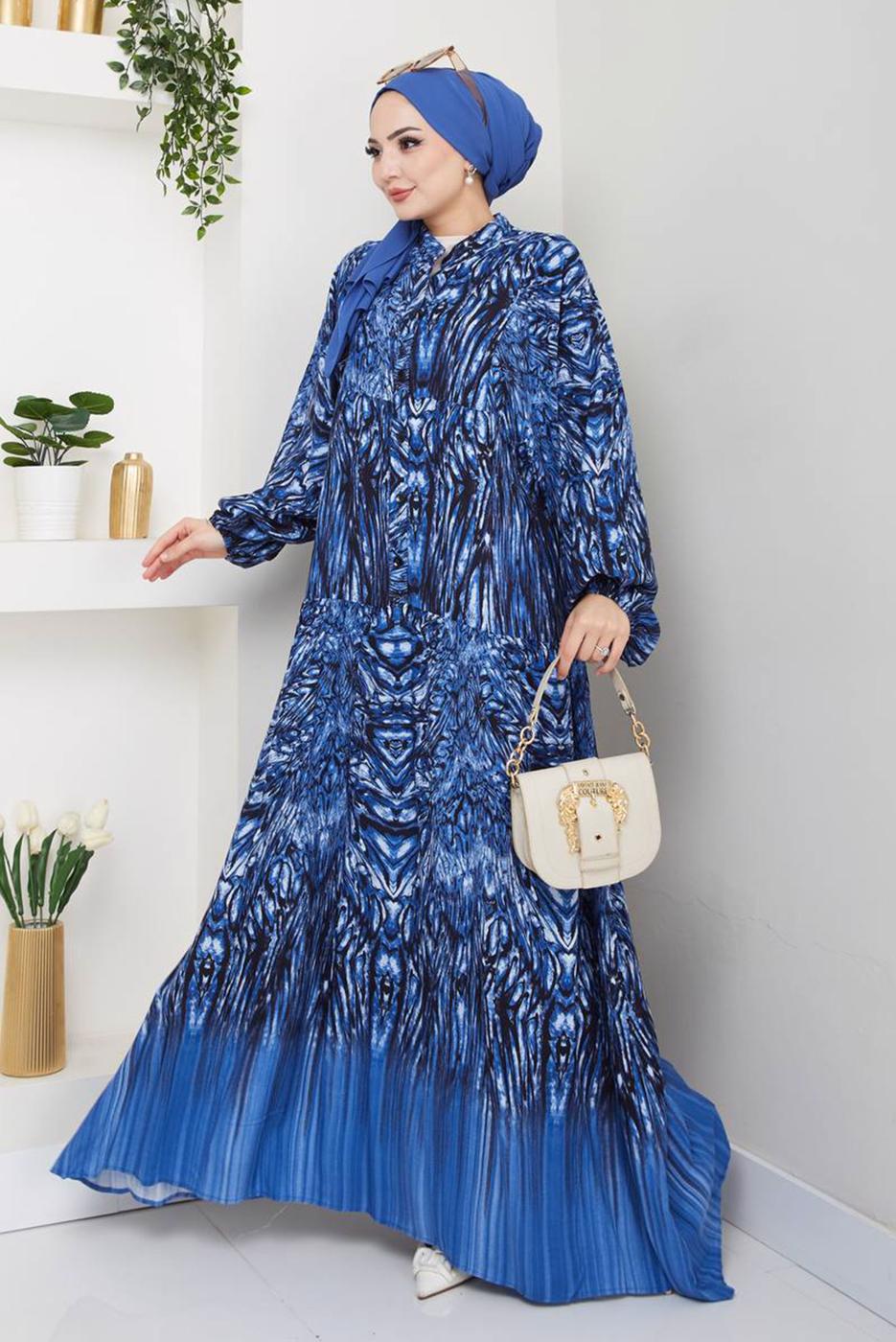 Tesettür giyim LACİVERT DESENLİ ELBİSE T 6595
