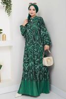 Tesettür giyim YEŞİL DESENLİ ELBİSE T 6595