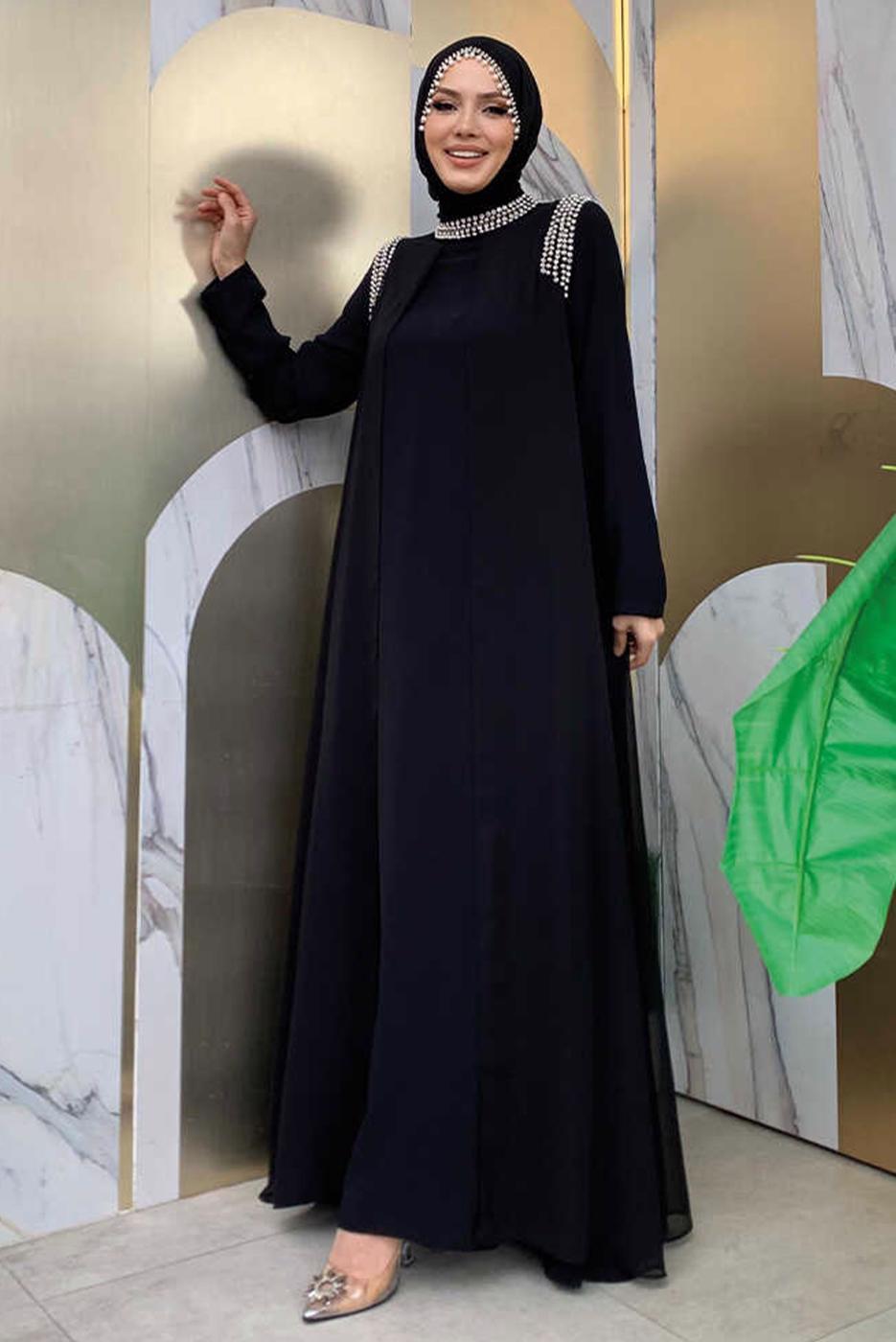 Tesettür giyim SİYAH TAŞ DETAYLI ABİYE ELBİSE T 6783