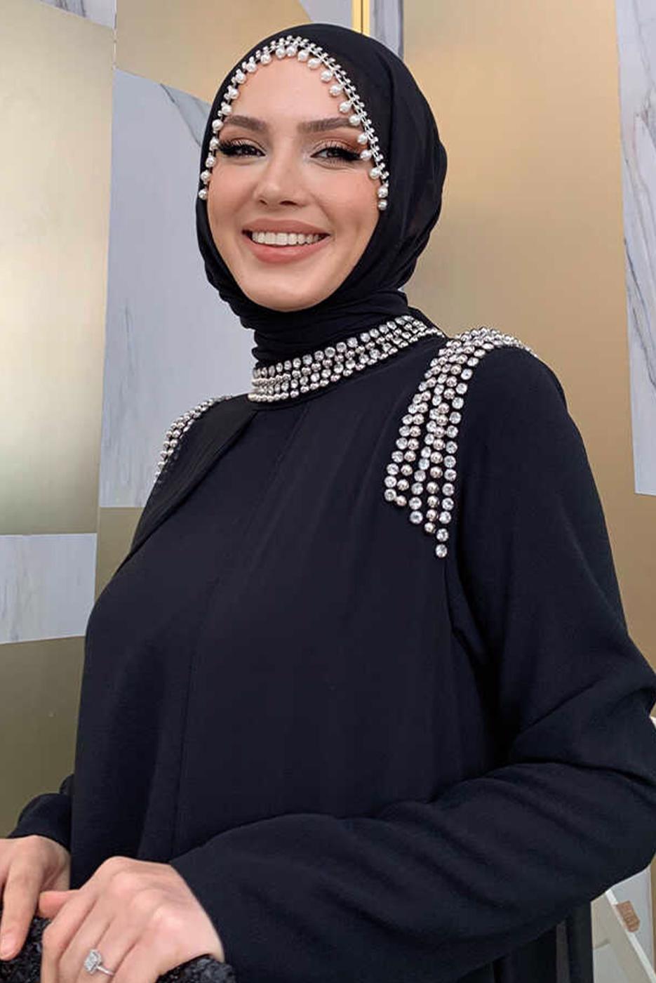 Tesettür giyim SİYAH TAŞ DETAYLI ABİYE ELBİSE T 6783