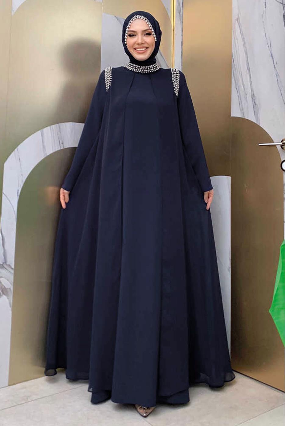 Tesettür giyim LACİVERT TAŞ DETAYLI ABİYE ELBİSE T 6783