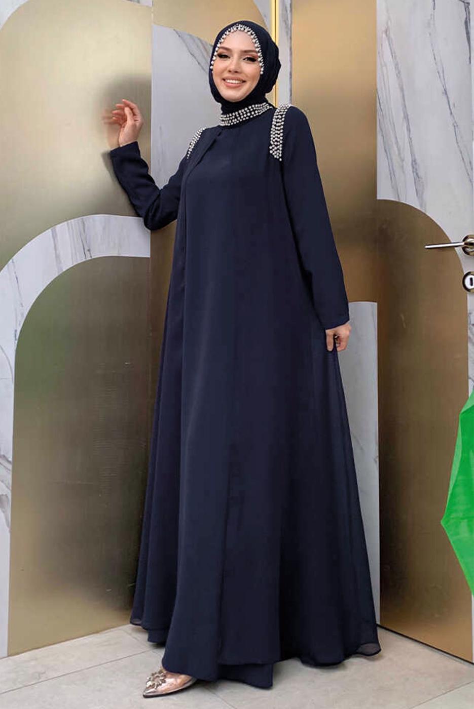 Tesettür giyim LACİVERT TAŞ DETAYLI ABİYE ELBİSE T 6783