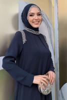 Tesettür giyim LACİVERT TAŞ DETAYLI ABİYE ELBİSE T 6783