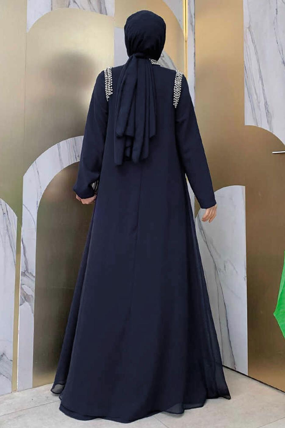 Tesettür giyim LACİVERT TAŞ DETAYLI ABİYE ELBİSE T 6783