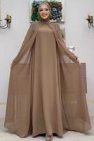 Tesettür giyim VİZON TAŞ DETAYLI ABİYE ELBİSE T 6783