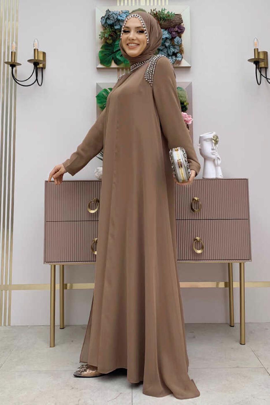Tesettür giyim VİZON TAŞ DETAYLI ABİYE ELBİSE T 6783