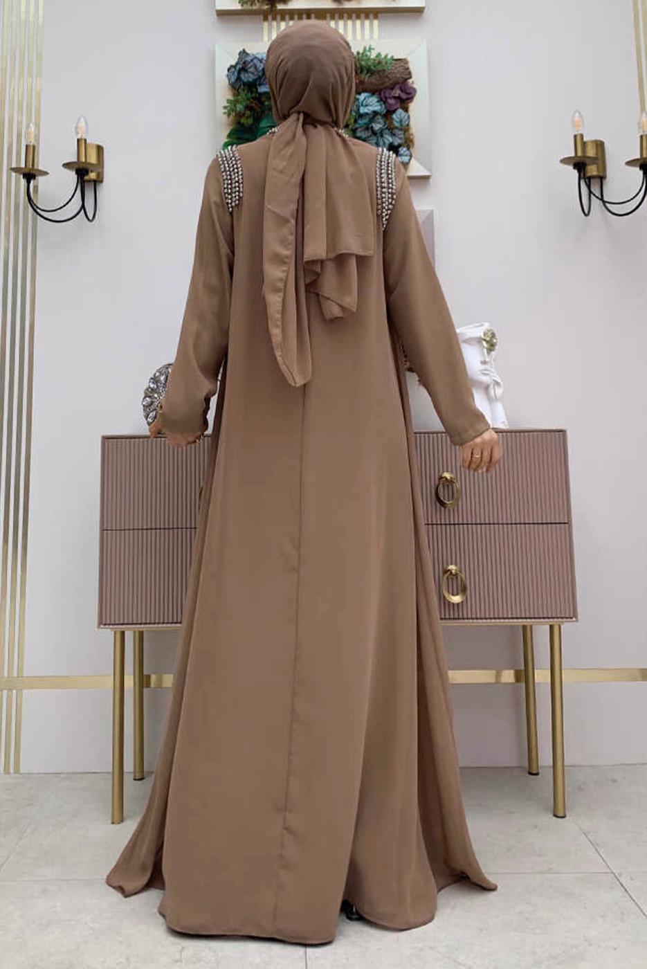 Tesettür giyim VİZON TAŞ DETAYLI ABİYE ELBİSE T 6783