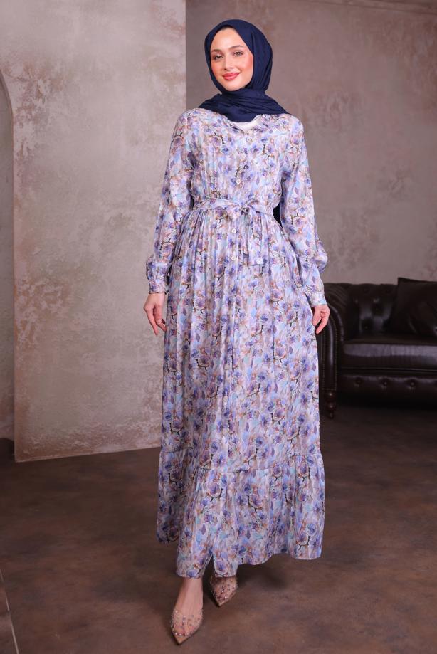 Tesettür giyim MAVİ KUŞAKLI DESENLİ ELBİSE T 6884 - TRENDTESETTÜR