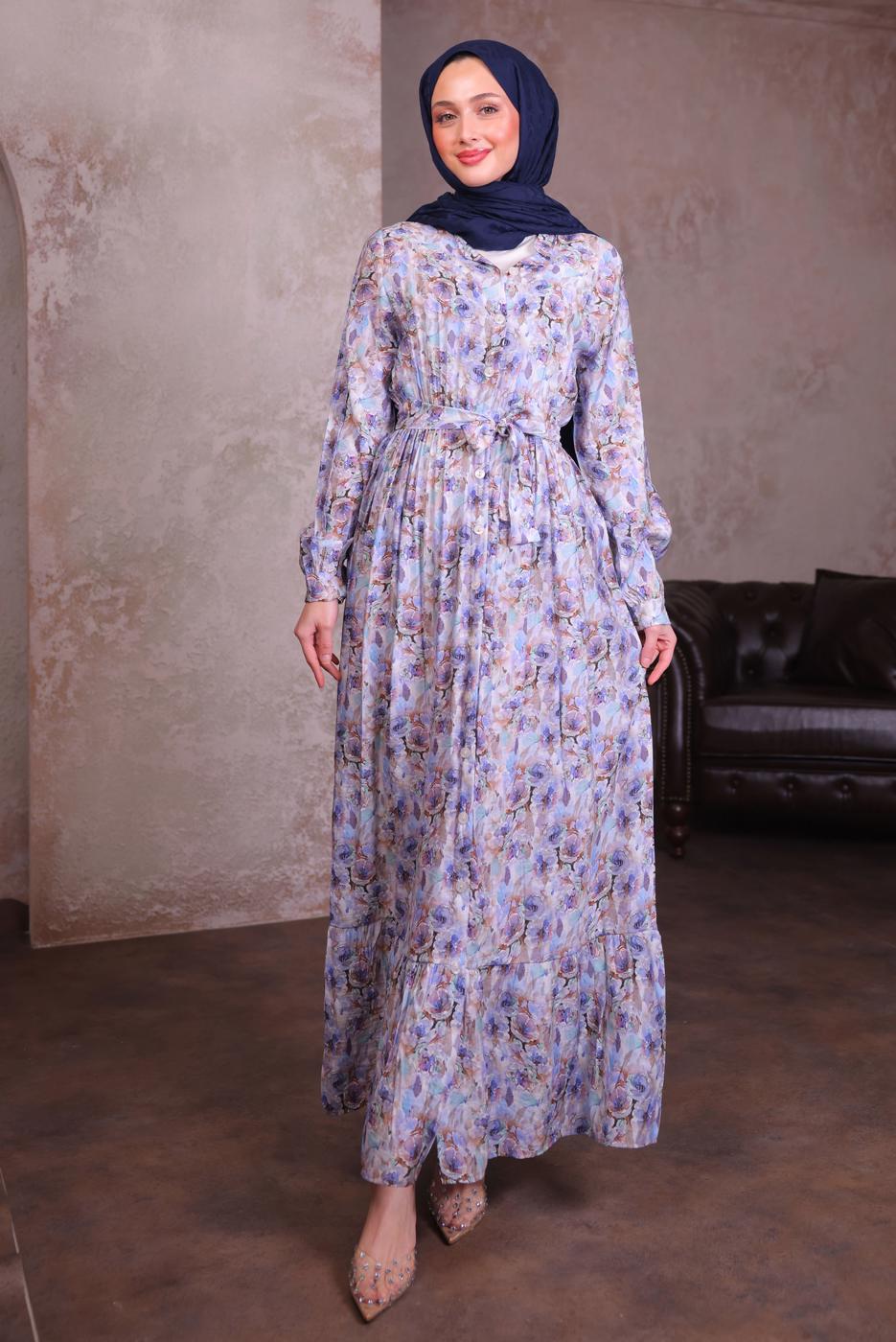 Tesettür giyim MAVİ KUŞAKLI DESENLİ ELBİSE T 6884