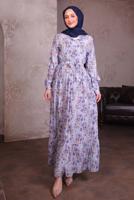 Tesettür giyim MAVİ KUŞAKLI DESENLİ ELBİSE T 6884