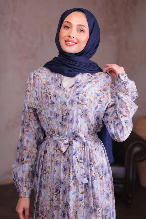 Tesettür giyim MAVİ KUŞAKLI DESENLİ ELBİSE T 6884 - TRENDTESETTÜR