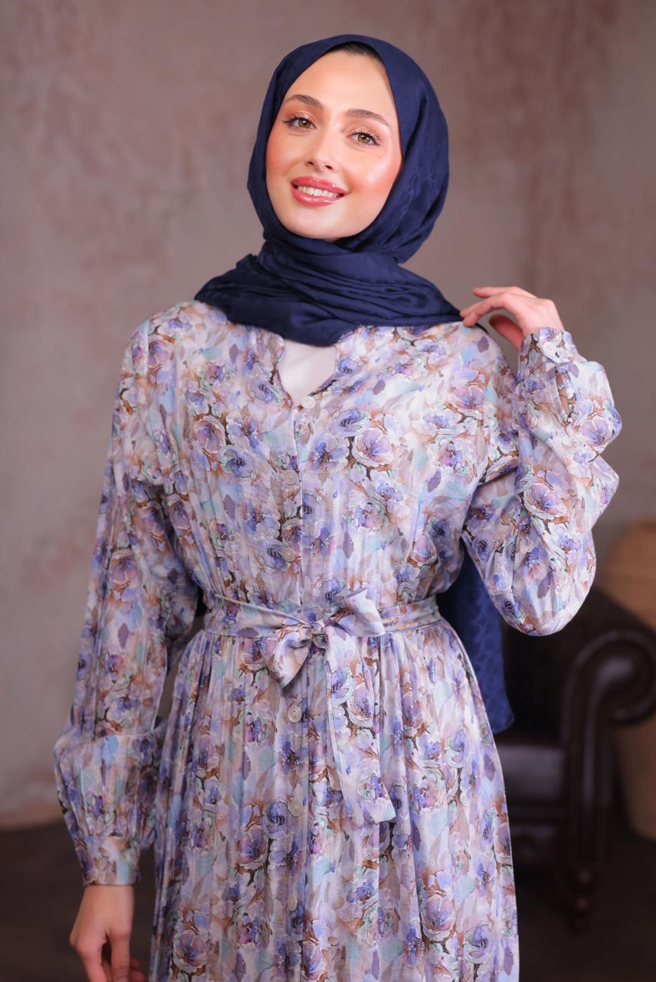 Tesettür giyim MAVİ KUŞAKLI DESENLİ ELBİSE T 6884