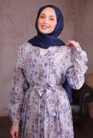 Tesettür giyim MAVİ KUŞAKLI DESENLİ ELBİSE T 6884