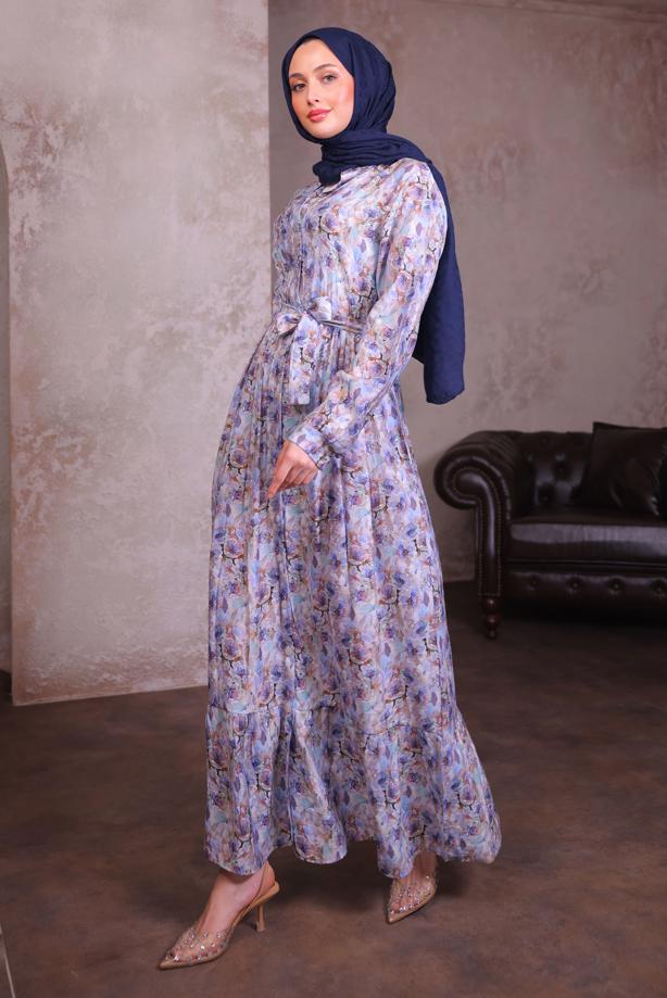 Tesettür giyim MAVİ KUŞAKLI DESENLİ ELBİSE T 6884 - TRENDTESETTÜR