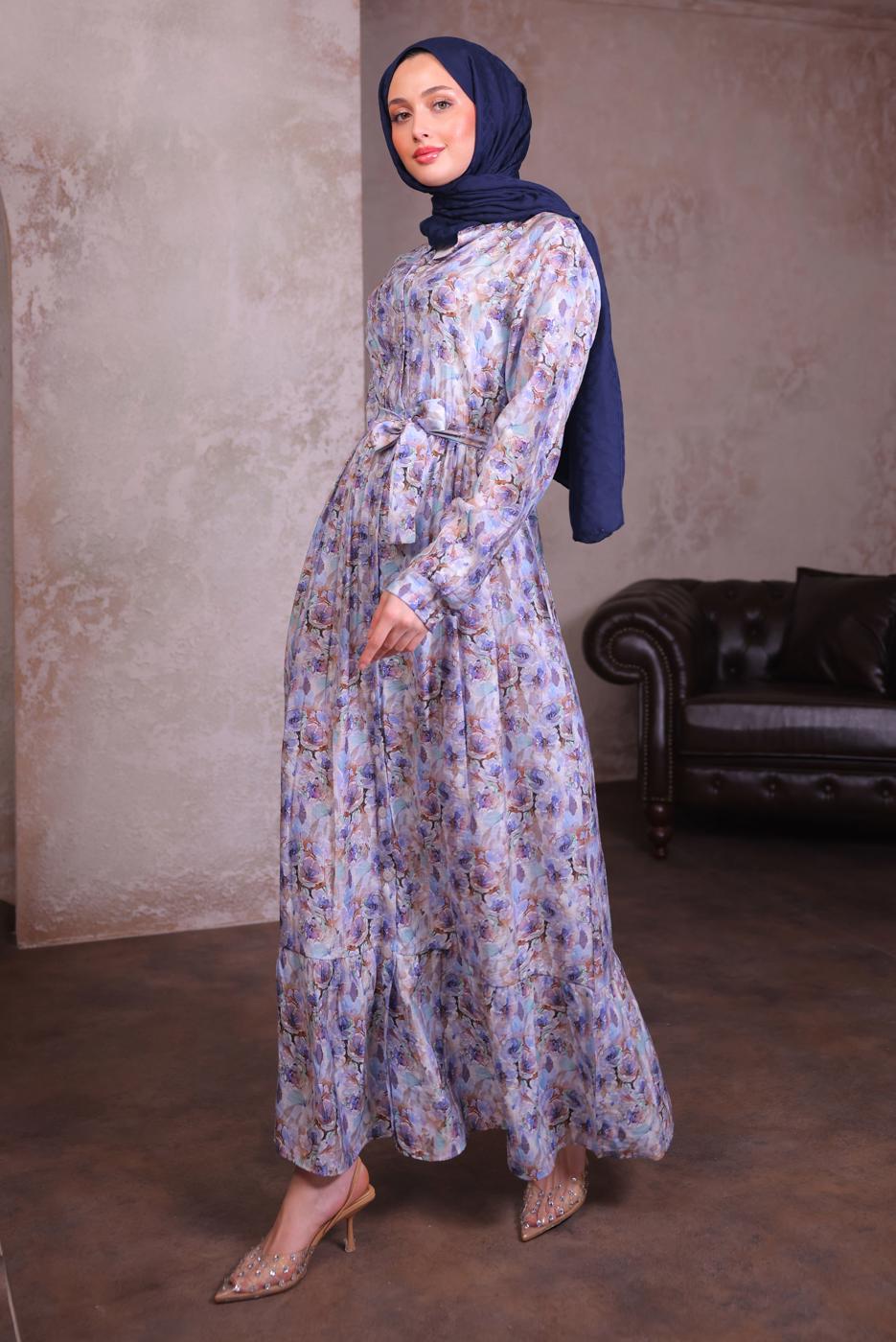 Tesettür giyim MAVİ KUŞAKLI DESENLİ ELBİSE T 6884